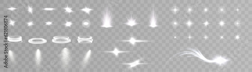 Set of light effects. Glowing isolated set of bright transparent light effects, glare, explosion, glitter, portal, line, sun flare, spark and stars, curve. Sunlight, abstract special effect. Vector