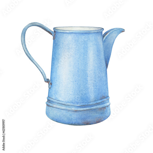 Old blue coffee pot, enamel water pitcher or milk jug. Metal jar- vintage kitchen utensil provence. Hand drawn watercolor painting illustration isolated on white background.