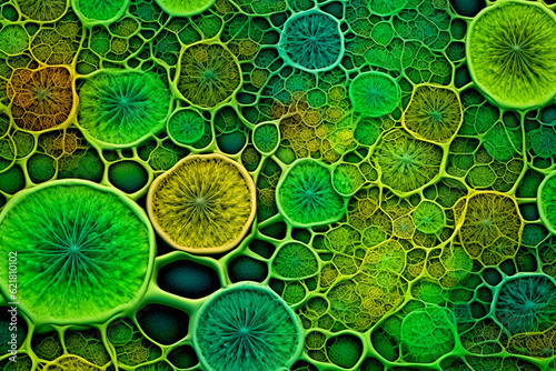 Vibrant depiction of growing plant cells at various division stages — invoking vitality and dynamic nature of meristematic study. Generative AI