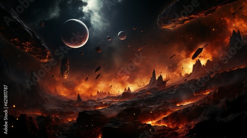 Fantasy landscape of fiery planet with glowing stars, nebulae, massive clouds and falling asteroids. Digital artwork graphic, astrology magic. Mystical burning Planet in space with asteroids