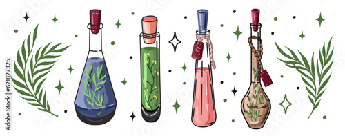 Set of bottles with potion and poison. Witchcraft and Magic Illustrations.