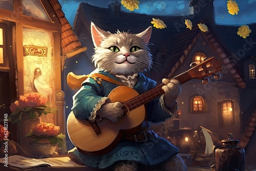 illustration of a cute bard cat with his lute, medieval city in background, generative ai