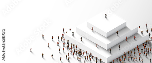 Large group of people stand around a step pyramid.