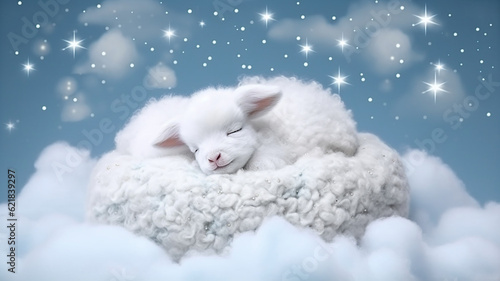 a little lamb sleeping on a cloud watercolor. Generative AI