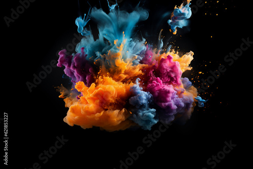 Colorful rainbow holi paint color powder explosion isolated black background. Generative AI 