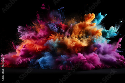 Colorful rainbow holi paint color powder explosion isolated black background. Generative AI 