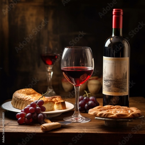 Still life with red wine, cheese and bread on a wooden background