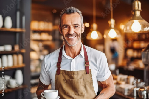 Professional barista in apron holding a cup of coffee standing in coffee shop and smiling. Barista portrait. Generative AI