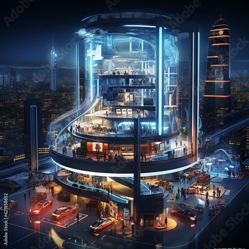 nyc futuristic city rorty o dana, 3d image, in the style of industrial and technological subjects, isometric, intel core, illuminated interiors, suburban ennui capturer, marcin sobas, detailed world-b