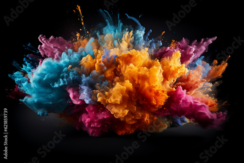 Colorful rainbow holi paint color powder explosion isolated black background. Generative AI