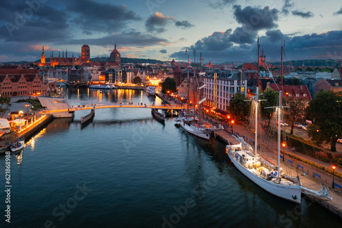 The Main Town of Gdansk by the Motlawa river at sunset, Poland.