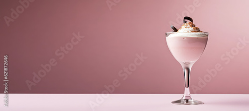 Coffee cocktail with whipped milk cream foam in glass isolated on pastel flat pink background with copy space. Alcoholic Irish coffee drink, minimal concept. Generative AI.