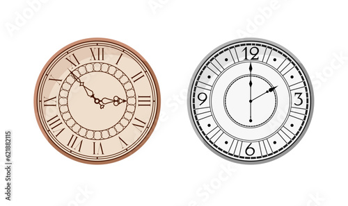 Realistic old clock template. Classic antique round dial design