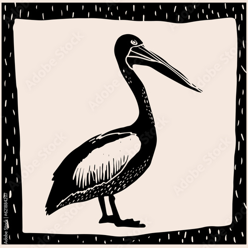 Pelican bird. Hand drawn vector illustration in vintage technique of linocut or woodcut stamped on a grain old paper