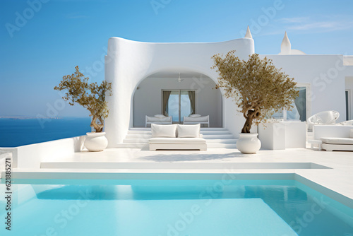 luxurious mediterranean home, outdoor living concept with private oasis, traditional white house with swimming pool, fictional architecture created with generative ai