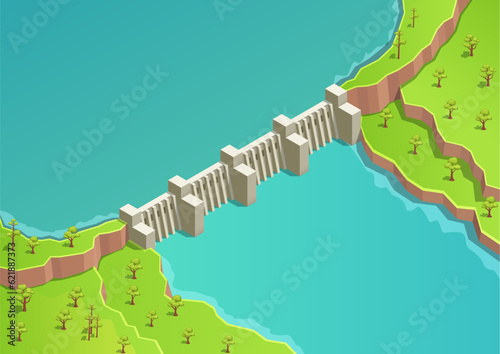 Isometric river with dam