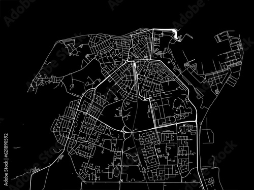 Vector road map of the city of Den Helder in the Netherlands with white roads on a black background.
