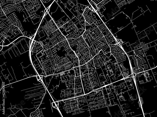 Vector road map of the city of Delft in the Netherlands with white roads on a black background.