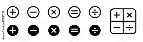 Plus, minus icon set. Calculator, math icon. Plus, minus, multiply, equal and divide sign. EPS 10