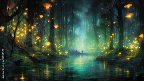 A painting of a forest filled with lots of lanterns, Generative AI