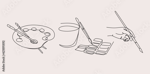 Palette with brush сontinuous one line drawing vector. Artist illustration for logo, prints, t-shirts