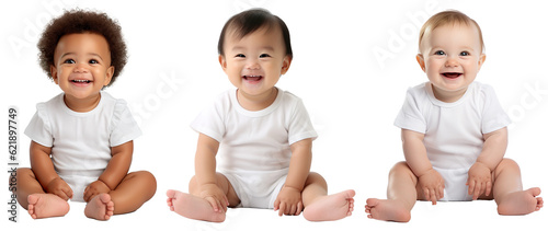set of smiling, happy, baby toddler kids of different ethnicities sitting . Multicultural concept on transparent background