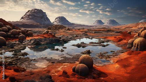 landscape of Mars with water and atmosphere, as the birthplace of life in the past. Prehistoric plants, lichens, and mushrooms. A visual representation of panspermia theory.