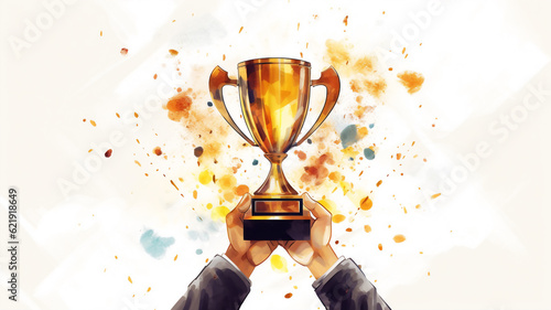 Winning team raise golden trophy cup. Success and achievement concept. Sport and cup award theme. Celebration for victory. Ceremony prize reward contest. Successful pride leadership. AI generative.