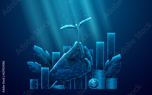 Sustainable Economy Concept. Abstract Digital Hand-Holding Plant on Technological Blue Background. Low Poly Wireframe Vector illustration Consist of Connected Glow Dots, Lines, and Geometric Shapes.