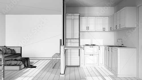 Blueprint unfinished project draft, modern scandinavian kitchen and living room. Partition wall, cabinets and shelf. Parquet floor and decors. Minimal wooden interior design