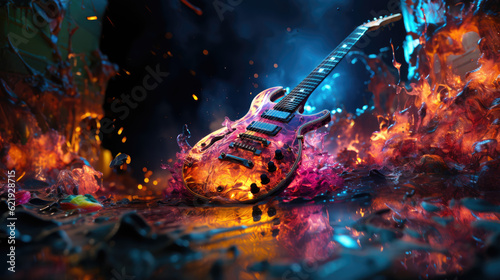 Guitar with colourful abstract ethereal energy radiating from it.