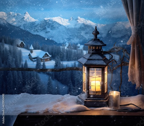 Christmas candle Lantern in winter garden, snowy evening landscape. christmas holiday background. atmosphere festive winter still life