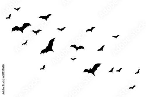 Group of flying black bats for Halloween decoration. Isolated vector and PNG on transparent background.