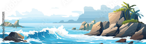 rocky coastline with crashing waves vector simple isolated illustration