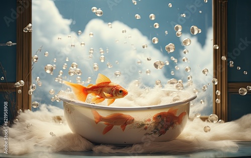 A gold fish with human swimming in a bathtub filled with clouds.