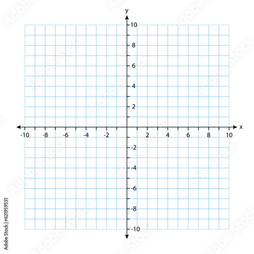The blank system graph in two dimensions. Rectangular orthogonal coordinate plane with axes X and Y on squared grid. Math scale template. Vector isolated on white background.
