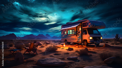 RV stopped in the middle of the desert with a cinematic and colorful sunset.