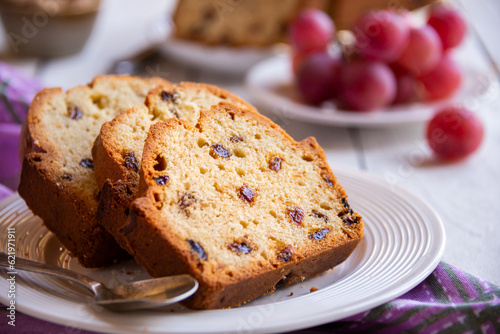 Sweet fruit cake with raisins, delicious baked dessert