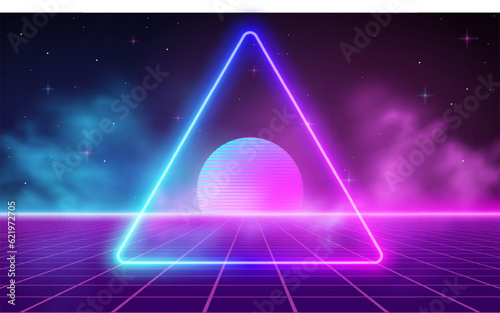 Synthwave wireframe net illustration with smoke or fog. Neon square frame. Abstract digital background. 80s, 90s Retro futurism, Retro wave cyber grid. Sunset deep space surfaces. Neon lights glowing.