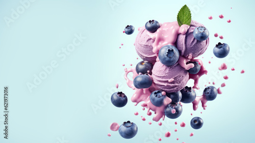 Advertising shot, flying purple ice cream balls freeze frame with berries and mint leaves isolated on light blue background