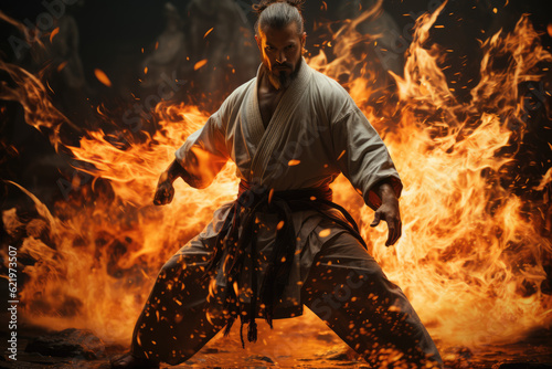 Karate Fury Unleashed. Striking Action in White Kimono Amid Flames. Karate Practitioner Showcases Skill. Powerful Karate Performance