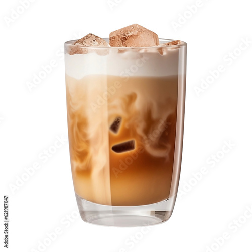 Iced coffee with cold foam isolated on transparent background, delicious iced latte coffee drink in glass cup with ice cubes and cream topping, cold beverage, for cafe, coffee shop, menu,generative ai