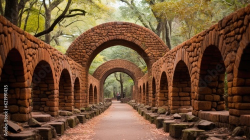 A walkway between two brick arches in a park. Generative AI image.