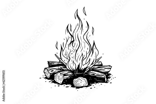 Hand drawn camping bonfire. Vector illustration of fire in sketch engraving style.