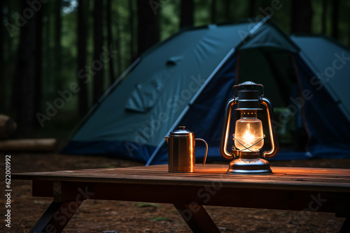 tent, lantern on wooden table in campsite.ai generative