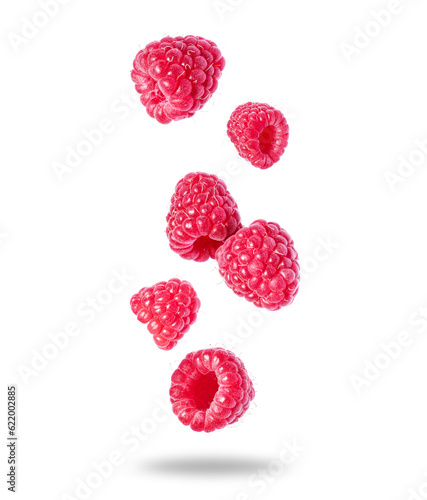 Ripe juicy raspberries close up in the air isolated on white background