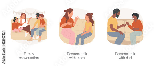 Family talks isolated cartoon vector illustration set. Family conversation, teen daughter having personal talk with mom, dialogue with dad, discussing plans, communication vector cartoon.