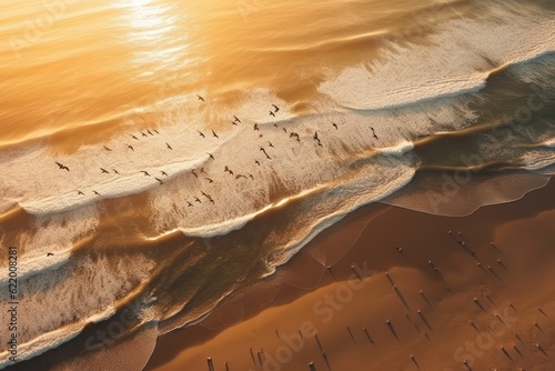 wave on the beach, Photographic Close-Up of Flying over the Ocean and Beach in the Style of Yellow and Orange, Embracing the Essence of American Landscapes