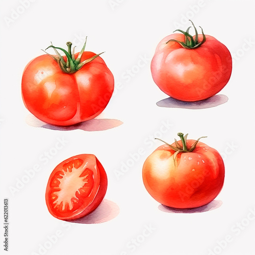 tomatoes set watercolor on a white background created with Generative Ai