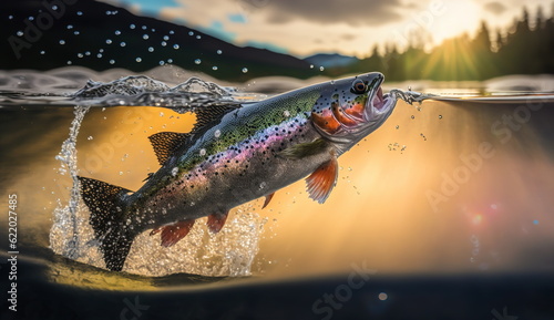 The trout jumps out of the water with splashes and drops.Generative AI